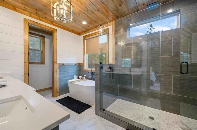 88 E Fork Cir, Broken Bow, OK 74728 - full bathroom featuring a shower stall, marble finish floor, vanity, wood ceiling, and a freestanding tub