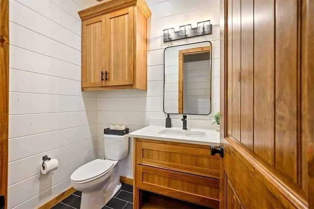 88 E Fork Cir, Broken Bow, OK 74728 - half bath with toilet, vanity, wood walls, and tile patterned floors
