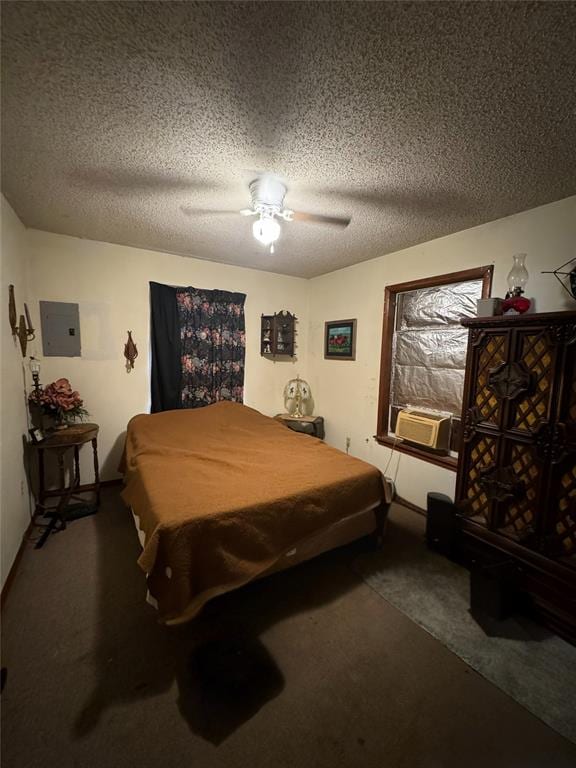 bedroom with carpet flooring, a textured ceiling, and ceiling fan