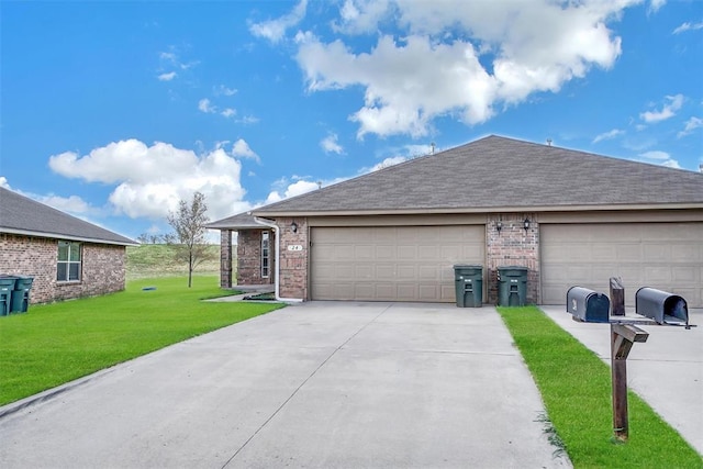 ranch-style home with a front lawn and a garage