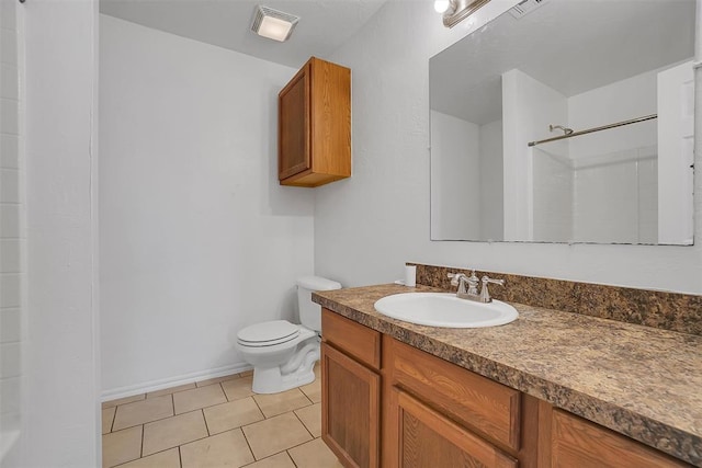 bathroom with tile patterned flooring, vanity, toilet, and walk in shower