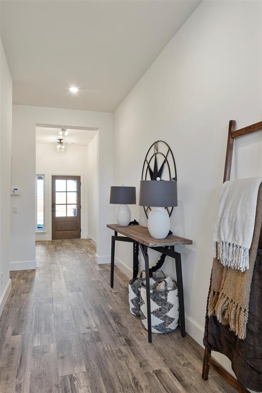 foyer entrance with hardwood / wood-style flooring