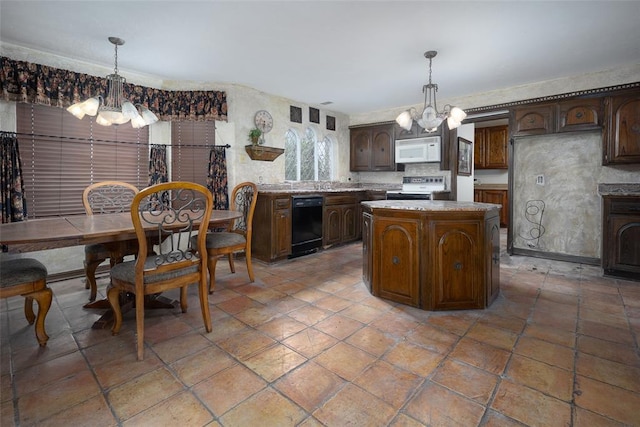 kitchen featuring dark brown cabinetry, a notable chandelier, range with electric stovetop, and black dishwasher