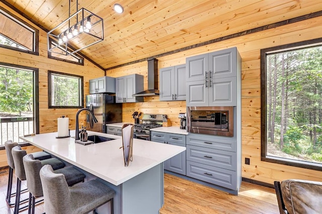 kitchen featuring wall chimney exhaust hood, lofted ceiling, wood ceiling, appliances with stainless steel finishes, and pendant lighting