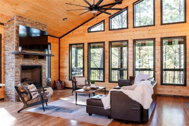 living room featuring hardwood / wood-style floors, wood ceiling, high vaulted ceiling, and wood walls