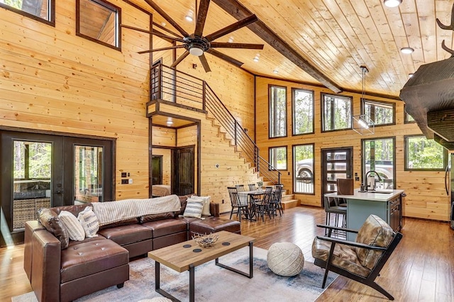 living room featuring wood ceiling, beam ceiling, and high vaulted ceiling