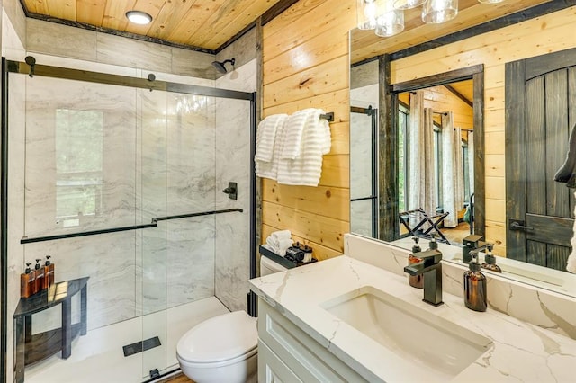 bathroom with wood ceiling, wooden walls, an enclosed shower, vanity, and toilet