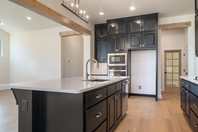 kitchen featuring sink, light hardwood / wood-style flooring, backsplash, a kitchen island with sink, and appliances with stainless steel finishes