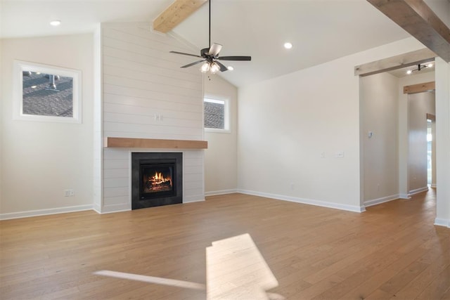 1103 Mount Irving Way, Norman, OK 73071 - unfurnished living room featuring wood finished floors, a large fireplace, ceiling fan, baseboards, and recessed lighting