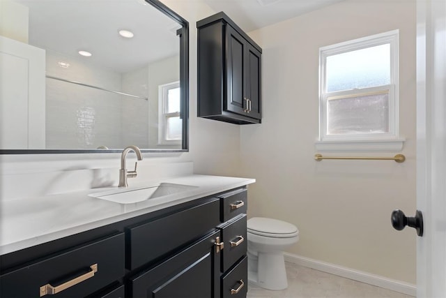 1103 Mount Irving Way, Norman, OK 73071 - full bathroom with vanity, toilet, a shower, tile patterned flooring, and recessed lighting