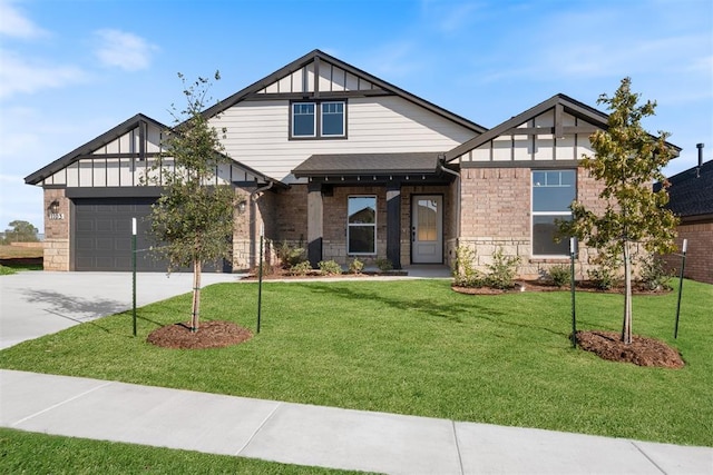 1103 Mount Irving Way, Norman, OK 73071 - tudor home with concrete driveway, an attached garage, a front lawn, a shingled roof, and board and batten siding