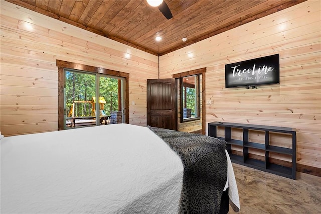 bedroom with access to exterior, wooden walls, ceiling fan, and wood ceiling