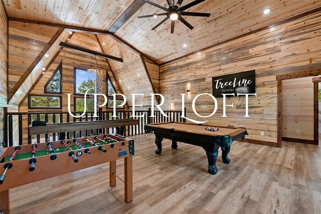 rec room with wooden ceiling, vaulted ceiling with beams, wood-type flooring, wooden walls, and pool table