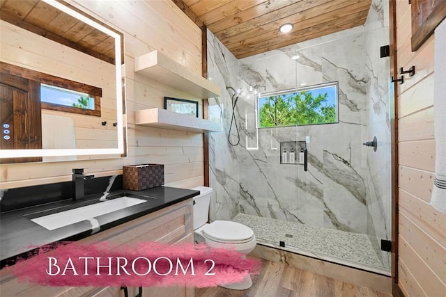 bathroom featuring walk in shower, wood ceiling, wooden walls, wood-type flooring, and toilet