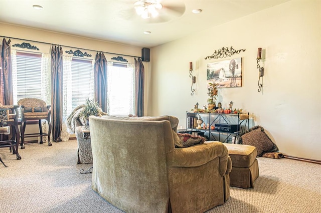 12600 SW 58th St, Mustang, OK 73064 - living room with light colored carpet and ceiling fan