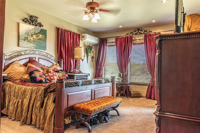 12600 SW 58th St, Mustang, OK 73064 - bedroom featuring a wall mounted AC, light carpet, and ceiling fan