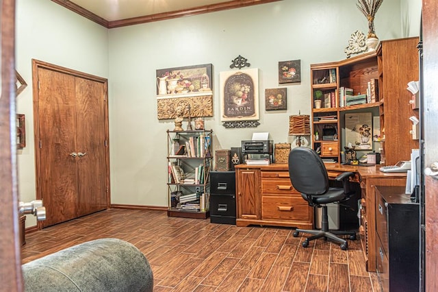 12600 SW 58th St, Mustang, OK 73064 - home office with hardwood / wood-style floors and crown molding
