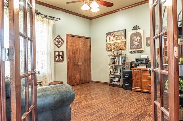 12600 SW 58th St, Mustang, OK 73064 - office space with french doors, hardwood / wood-style flooring, ceiling fan, and ornamental molding