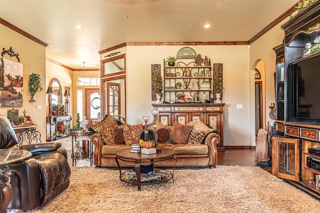12600 SW 58th St, Mustang, OK 73064 - living room featuring dark hardwood / wood-style floors and crown molding