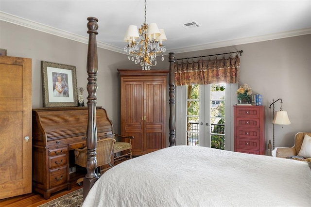 bedroom with access to outside, french doors, crown molding, wood-type flooring, and a chandelier