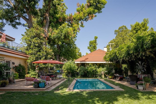 view of swimming pool with a yard and a patio