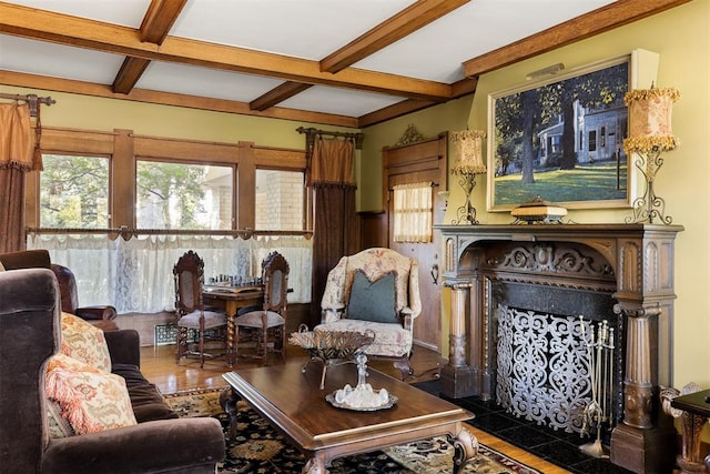 living room featuring beamed ceiling