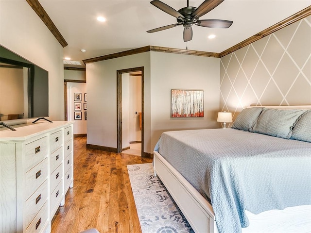 bedroom featuring ceiling fan, light wood-type flooring, and crown molding