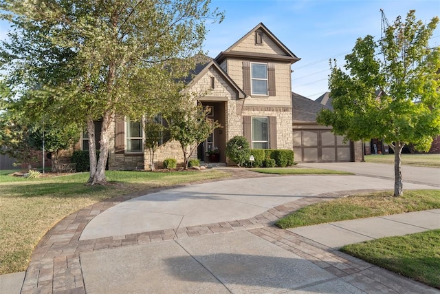 craftsman inspired home with a front yard and a garage