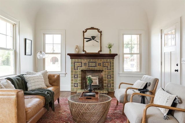 living area featuring hardwood / wood-style floors, lofted ceiling, and a fireplace