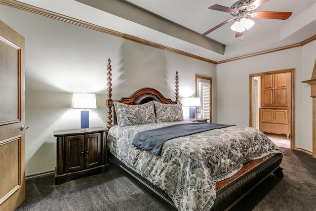 carpeted bedroom featuring ceiling fan and crown molding