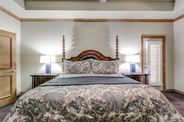 bedroom featuring carpet floors and ornamental molding