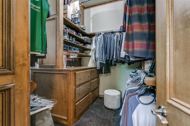 spacious closet featuring dark carpet