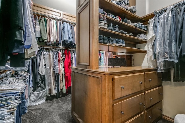 spacious closet featuring dark carpet