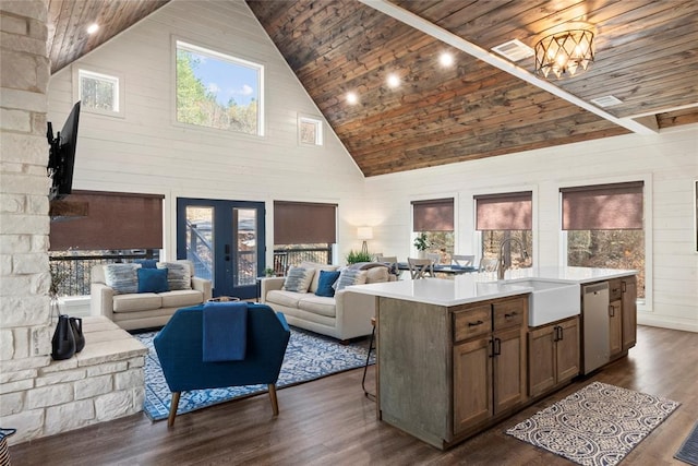 living room featuring sink, wooden ceiling, an inviting chandelier, dark hardwood / wood-style flooring, and high vaulted ceiling