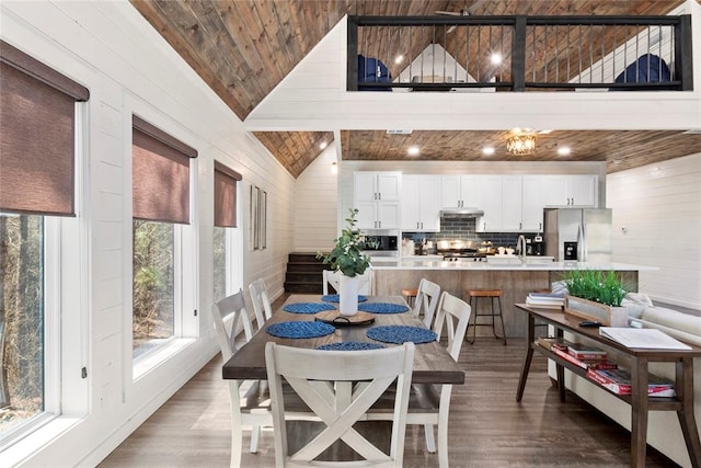 dining area featuring lofted ceiling with beams, wooden ceiling, and wood walls