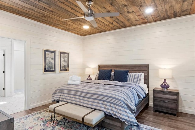 bedroom featuring ceiling fan, wood walls, wooden ceiling, and dark hardwood / wood-style floors