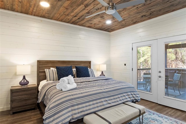 bedroom with access to exterior, ceiling fan, wood ceiling, and dark hardwood / wood-style floors