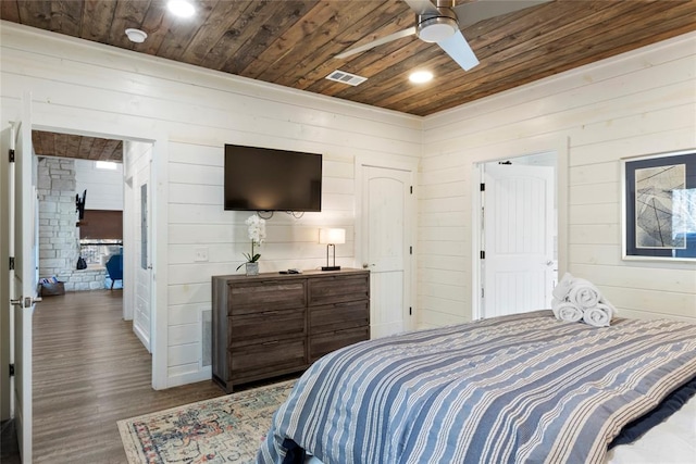 bedroom with wood-type flooring, ceiling fan, wooden ceiling, and wood walls