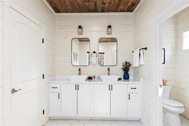 bathroom with wooden walls, vanity, wood ceiling, and toilet