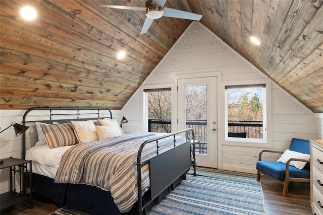 bedroom featuring ceiling fan, dark wood-type flooring, wooden ceiling, vaulted ceiling, and access to outside