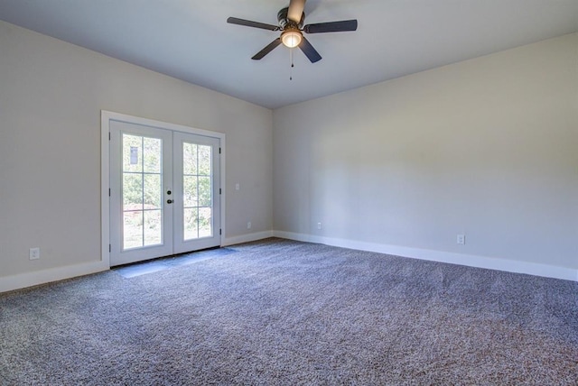 carpeted empty room with french doors and ceiling fan