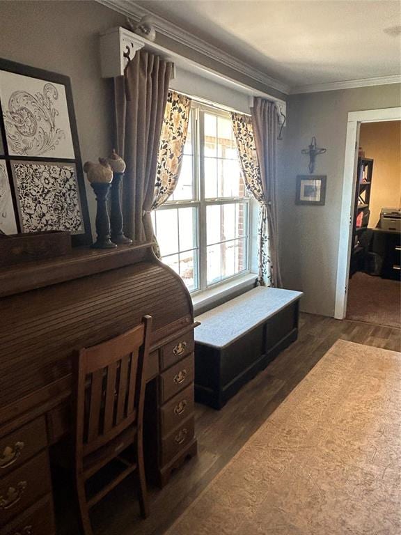 interior space featuring dark hardwood / wood-style floors and crown molding