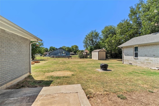 view of yard featuring a patio area and a storage shed