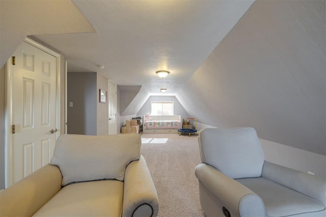 carpeted bedroom featuring lofted ceiling