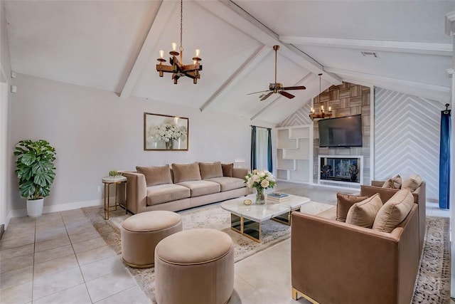 tiled living room with ceiling fan with notable chandelier, a large fireplace, and lofted ceiling with beams