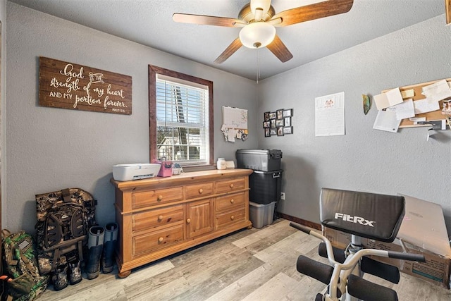 workout room with light hardwood / wood-style floors and ceiling fan