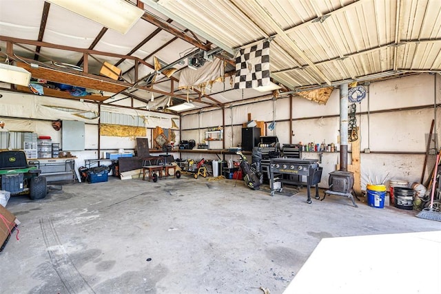 garage with a workshop area