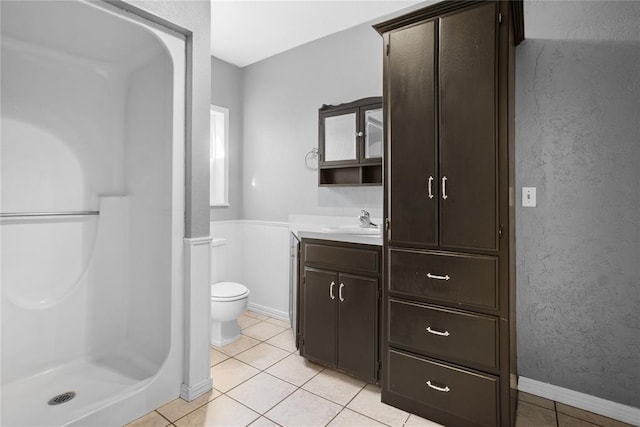 24484 E 990th Rd, Weatherford, OK 73096 - bathroom with tile patterned floors, walk in shower, vanity, and toilet
