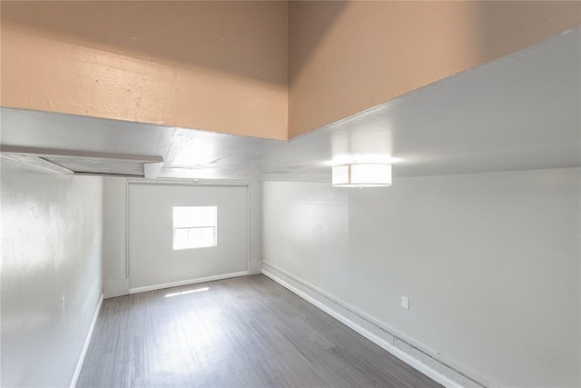 basement with hardwood / wood-style floors