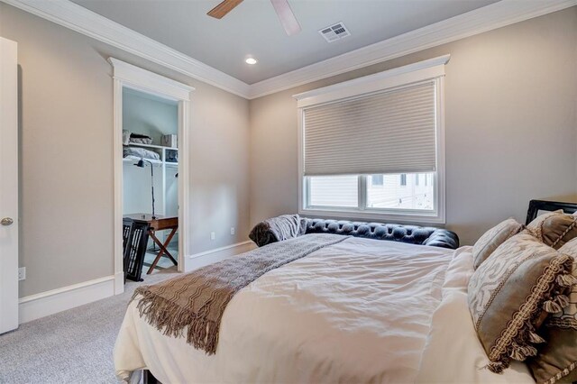 carpeted bedroom with a walk in closet, a closet, ceiling fan, and ornamental molding